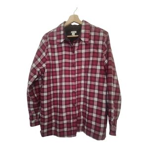 LL Bean Size L WomenPlaid Fleece Lined Button Top Pink/Maroon Long Sleeve